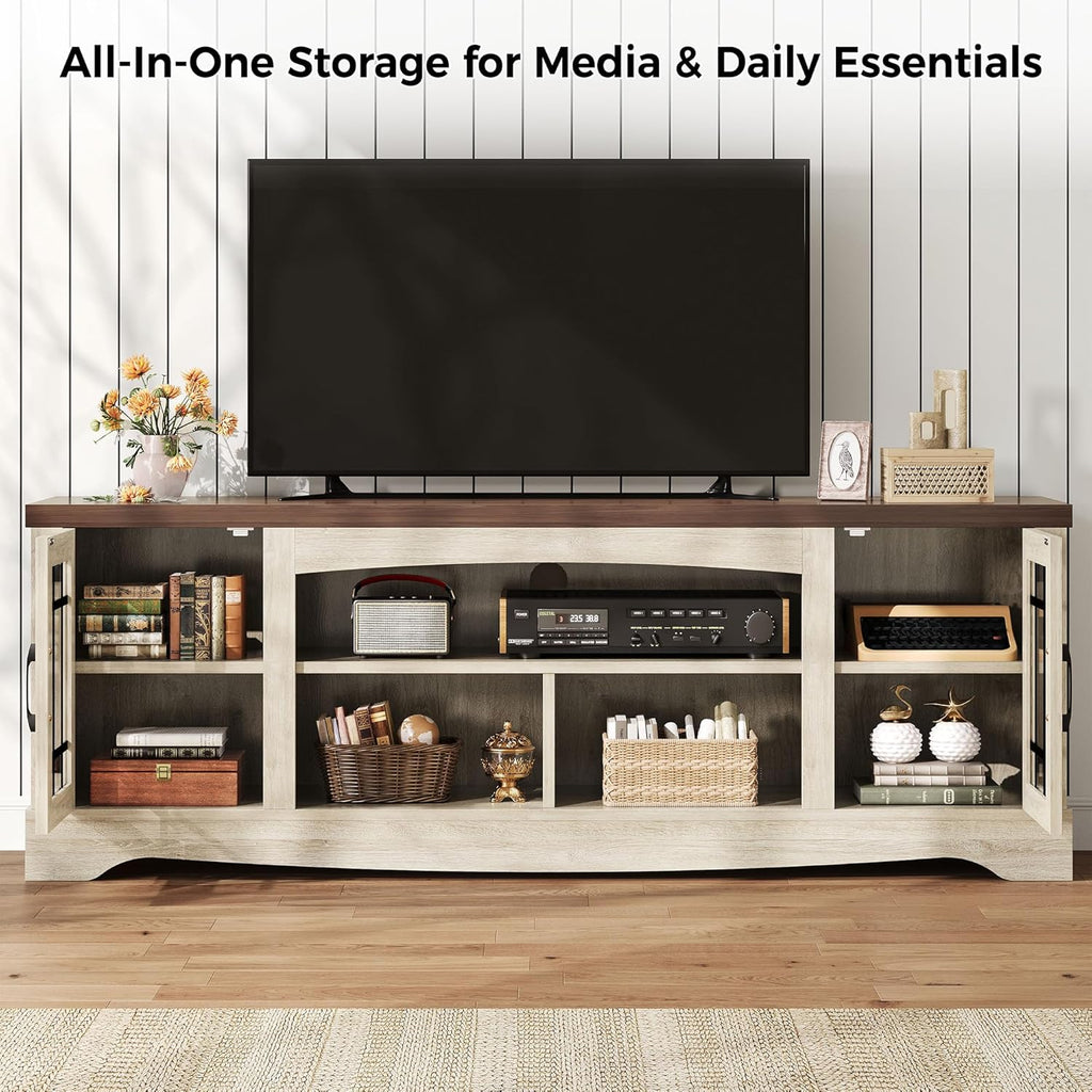 Farmhouse TV Stand for 75 Inch TV, Light Oak & Walnut | 2 Storage Cabinets, Open Shelves, Grid Glass Doors