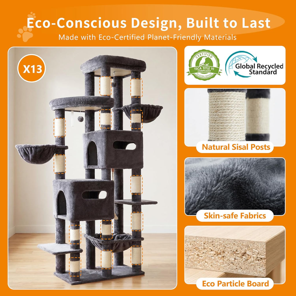 Cat Tree, 74.8-Inch Spacious & Tall Cat Tower for Large Cats