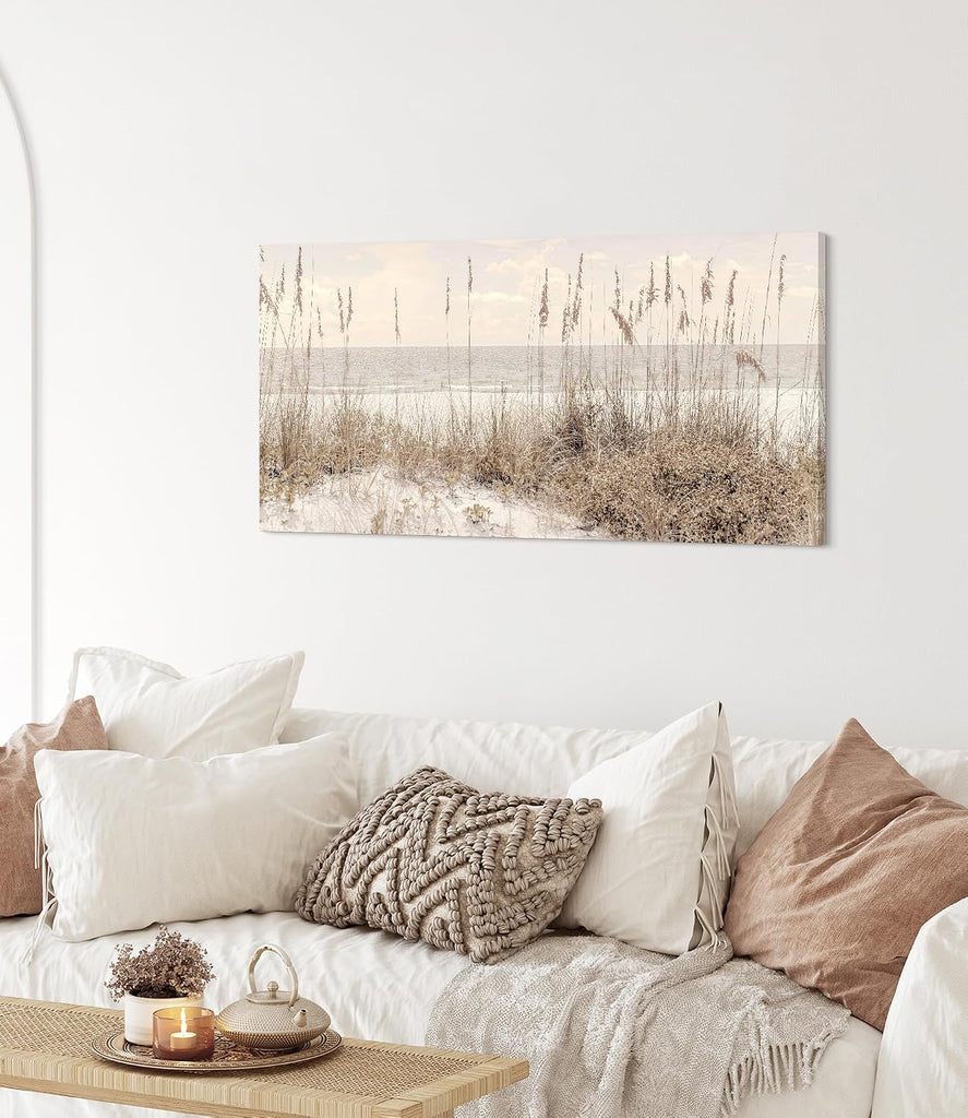 Beach Wall Art Canvas Decor: Coastal Scene Ocean Picture Sea Seascape Artwork Seaside Seashore Grass Painting Print