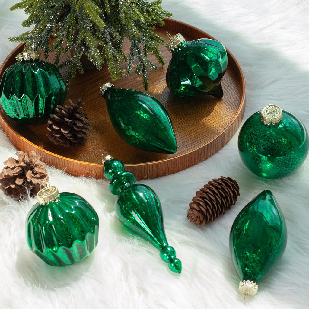 Green Mercury Glass Christmas Ornaments Set of 4 Large Hanging Christmas Icicles Finials for Xmas Tree Decoration