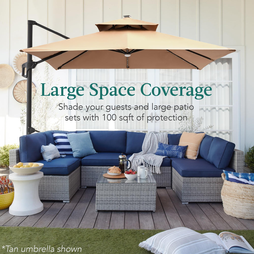 10x10ft Cantilever Patio Umbrella w/Base Included, Solar LED Lights 360 Rotation Large Offset Hanging Outdoor Shade