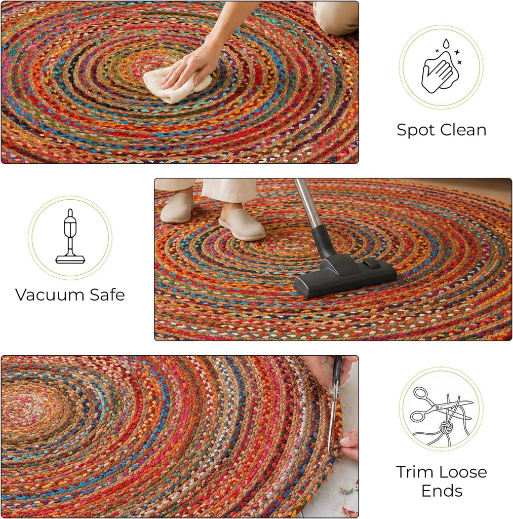 Jute Cotton Area Rug 5ft Round Natural Handwoven Colorful Boho Rug | Jute & Cotton Chindi Braided Rag Rug Multi