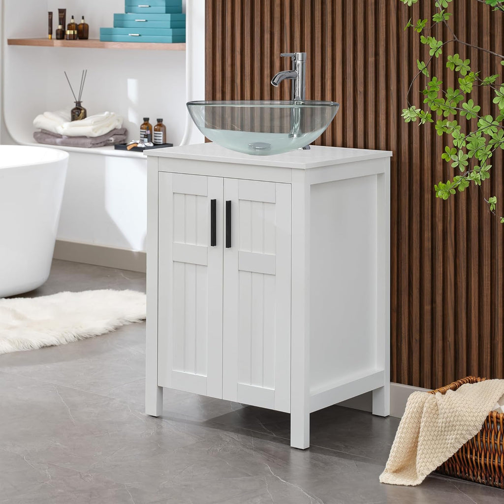 UEV White 24" Bathroom Vanity with Sink Combo,Modern Vanity with Vessel Sink,Stylish Bathroom Vanity Cabinet,Grooved