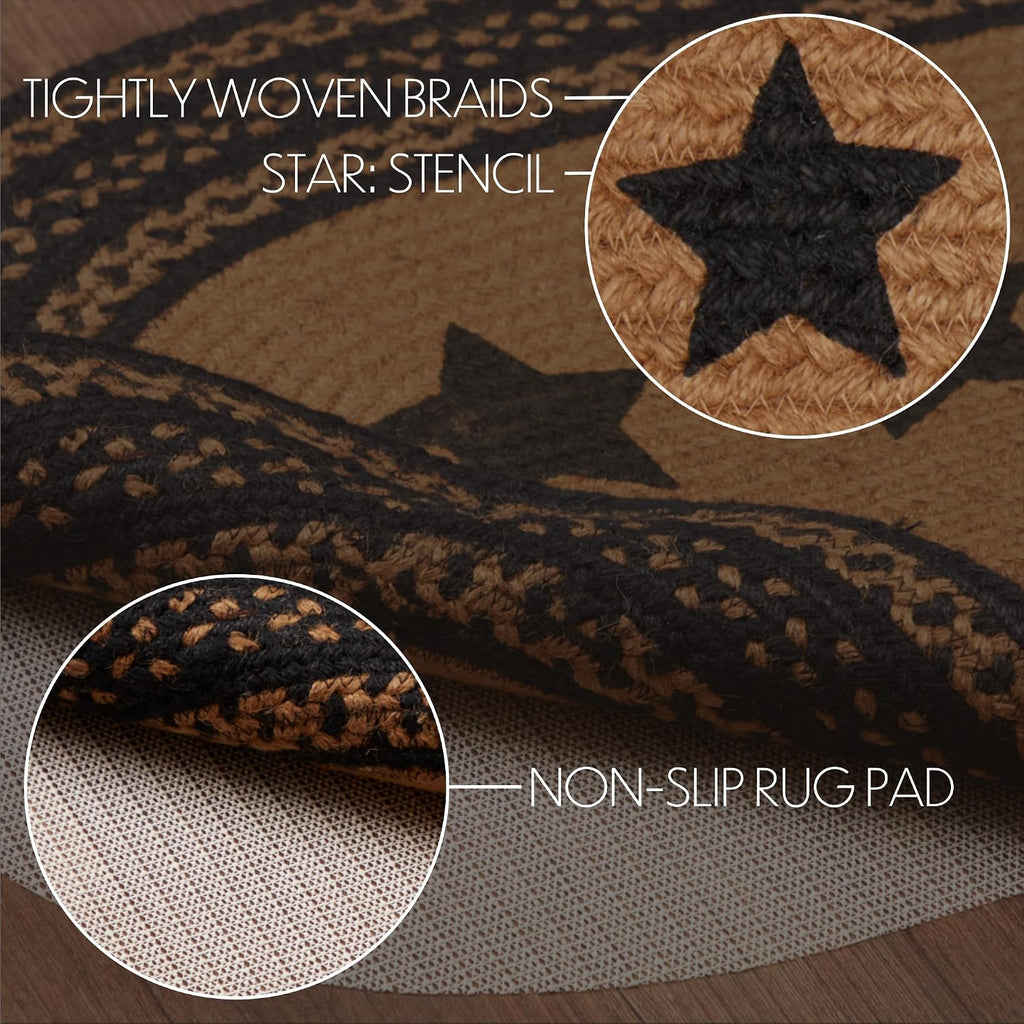 Farmhouse Primitive Star Black Stenciled Accent Jute Rug Oval Stencil Stars w/Pad 20"x30"