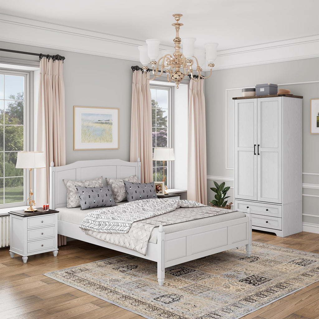 Wooden Armoire Wardrobe Closet with Drawers, White, Set of 2