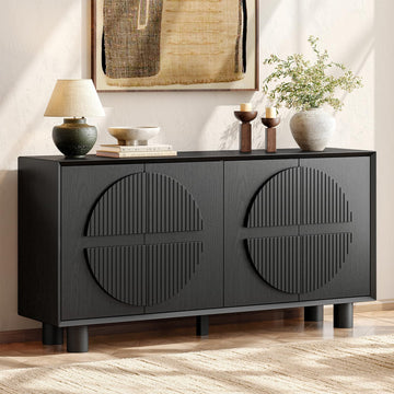 63 Inch Fluted Buffet Cabinet w/ Storage, Push-Spring Doors, Black