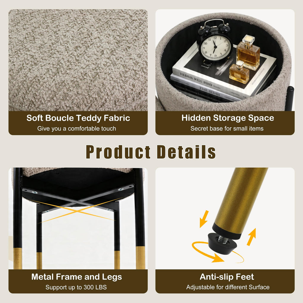 Round Ottoman with Storage, Soft Boucle Teddy Fabric Vanity Stool, Ottoman Coffee Table with Metal Legs, Foot Stool
