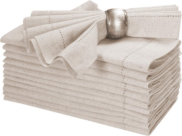 Linen Cotton Cloth Dinner Napkins, 20x20, Set of 12 | Flax cotton blend, hemstitched mitered corners, machine