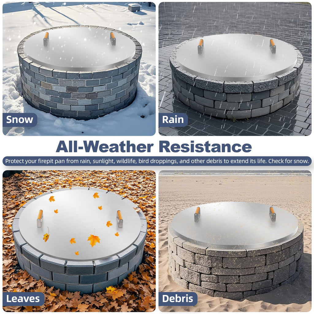 Fire Pit Lid Round 34" - Stainless Steel Firepits Cover with Wooden Handles Firepits, Rust Resistant 1.5mm Fire Pits