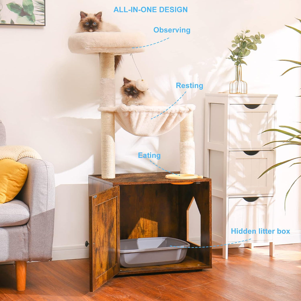 Cat Tree Tower, Litter Box Enclosure, Food Station