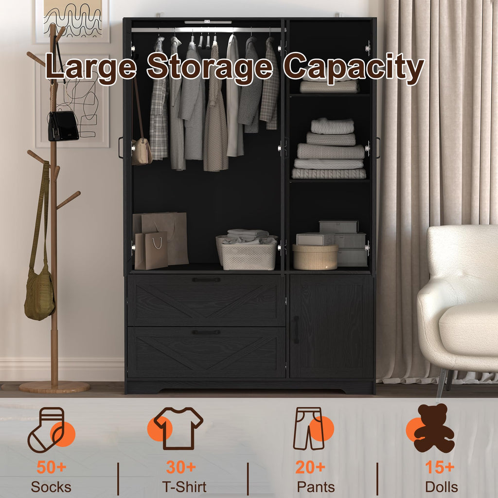 71" Wooden Armoire Wardrobe Closet with Doors and Drawers, Black