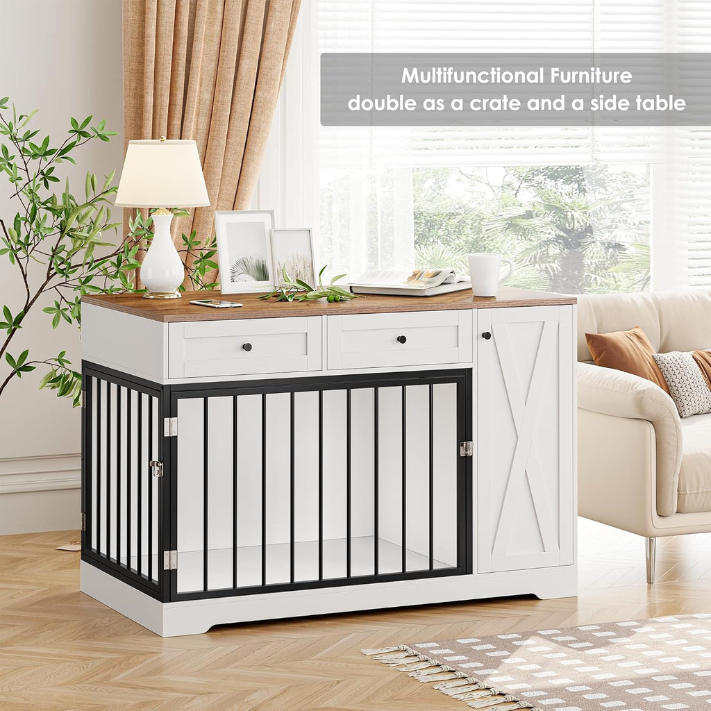 Dog Crate Furniture Kennel with Double Doors Wooden Pet House with 2 Drawers and Storage Cabinet, Indoor Dog Cage