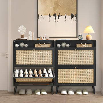 Rattan Shoe Storage Cabinet Set of 2 with 2 Flip Doors, Wood Narrow Shoes Cabinet with Adjustable Shelves