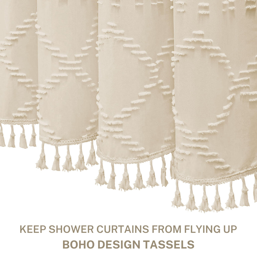 Extra Long Boho Farmhouse Shower Curtain Woven Fabric Beige 90 Inch Shower Curtain, 72 x 90 Tufted Chevron Textured