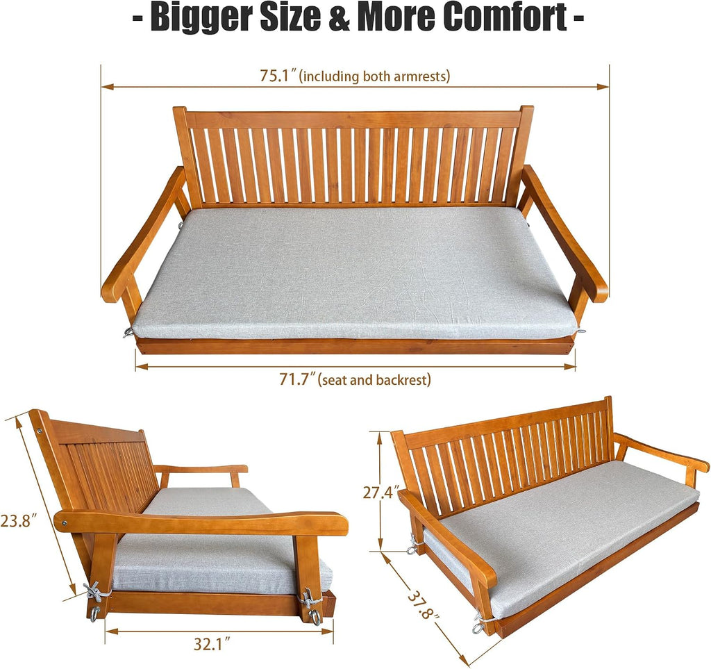 6 FT Wooden Porch Swing Bed with Thick Cushion - Outdoor Hanging Daybed or Porch, Solid Fir Wood Frame