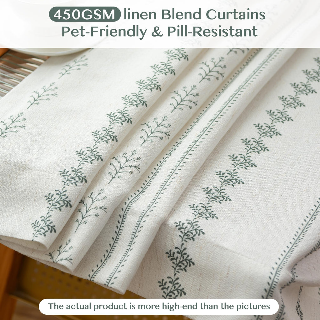 Sage Green Floral Pinch Pleated Curtains 108 Inches Long, Block Print Vintage Farmhouse Linen Blend Light Filtering