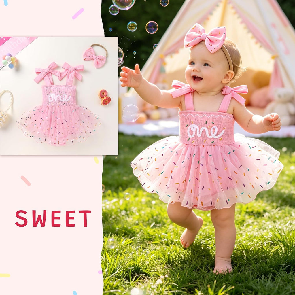 Baby Girl 1st Birthday Outfit Sleeveless One Year Old Romper Dress with Headband Cute Toddler Photo Clothes