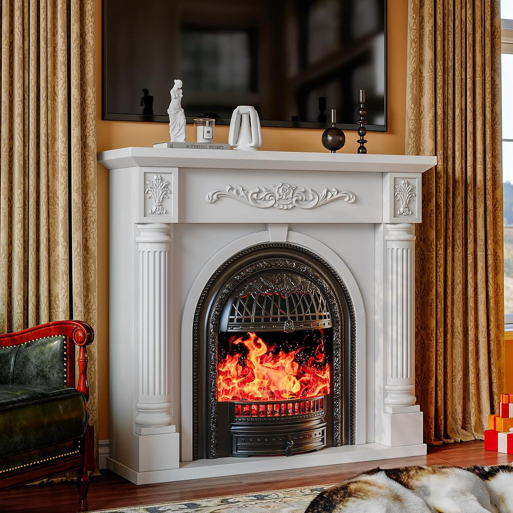45 Inch Electric Fireplace with Mantel, Solid Wood Fireplace TV Stand, Roman Column Fireplace Entertainment Center