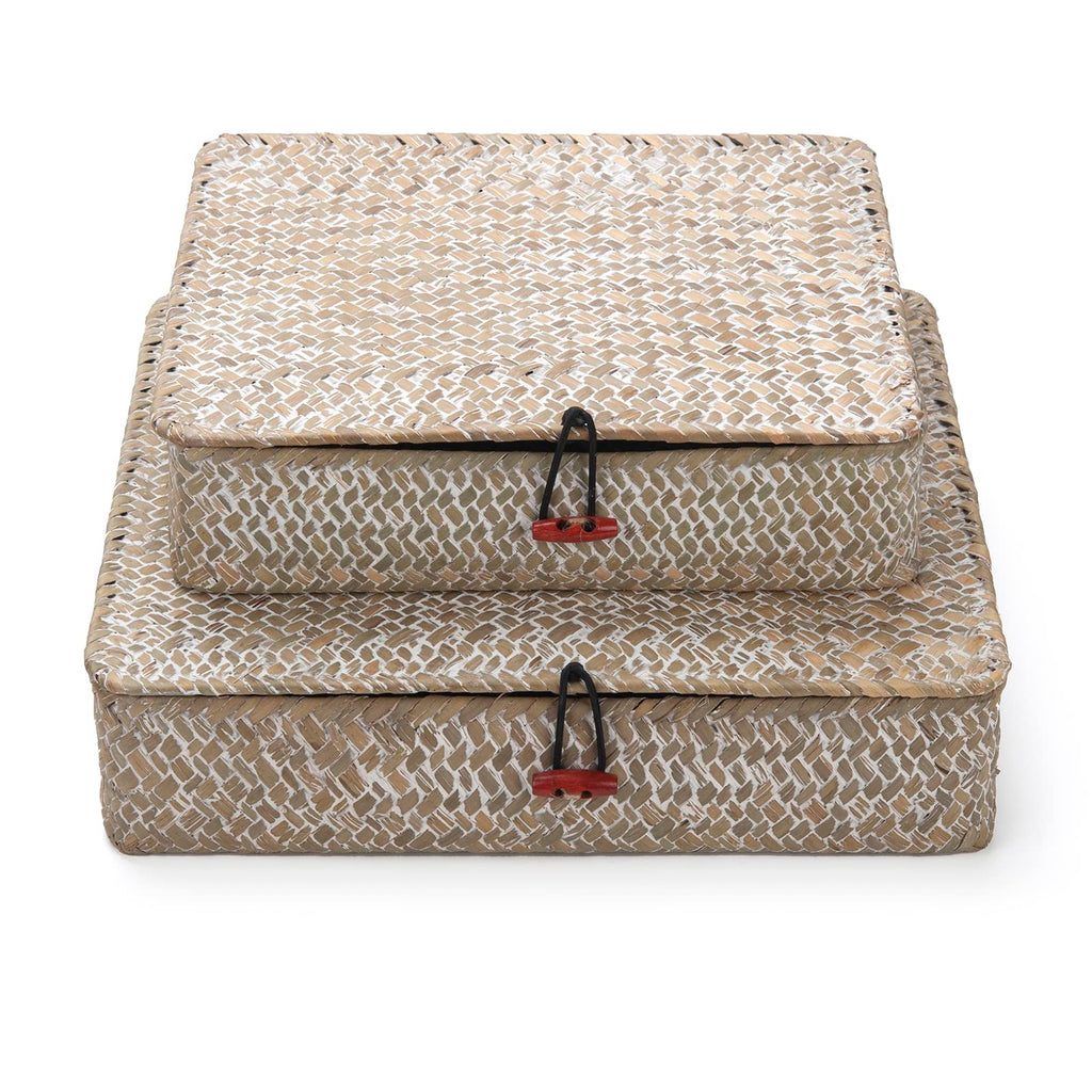 Whitewash Seagrass Basket with Lid for Storage Set of 2 Rectangular