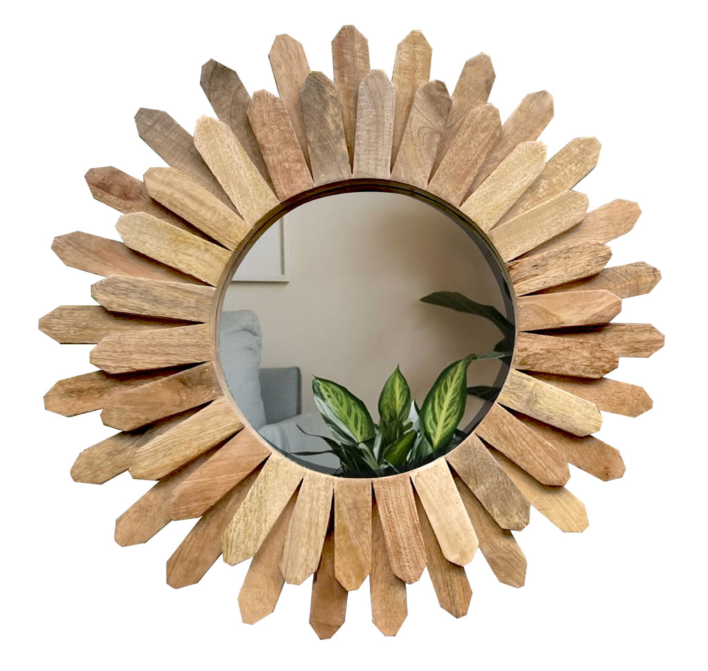 Rustic Round Wood Wall Mirror 18 Inch, Natural Sunburst Mirror for Wall Decor, Boho Farmhouse Decorative Mirror Decor