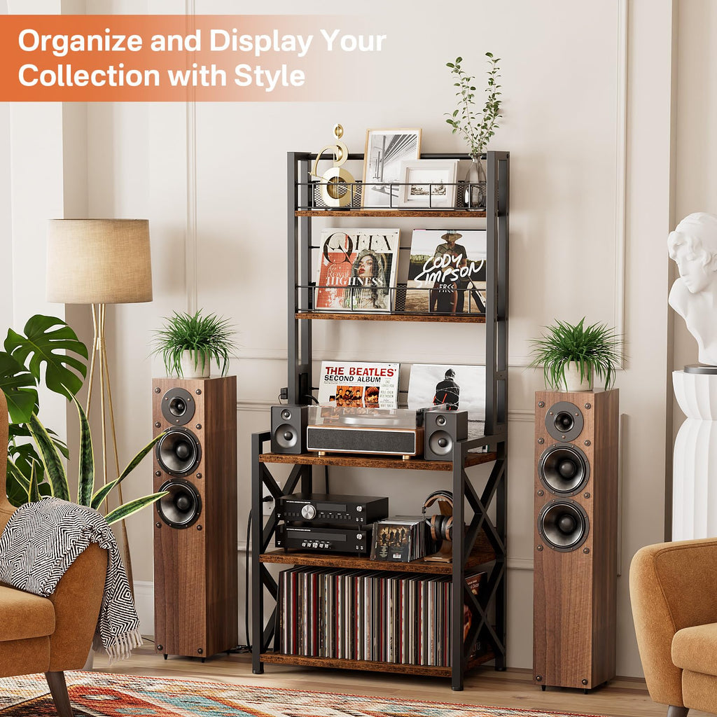 Record Player Stand with Power Outlet - Turntable Display Shelf