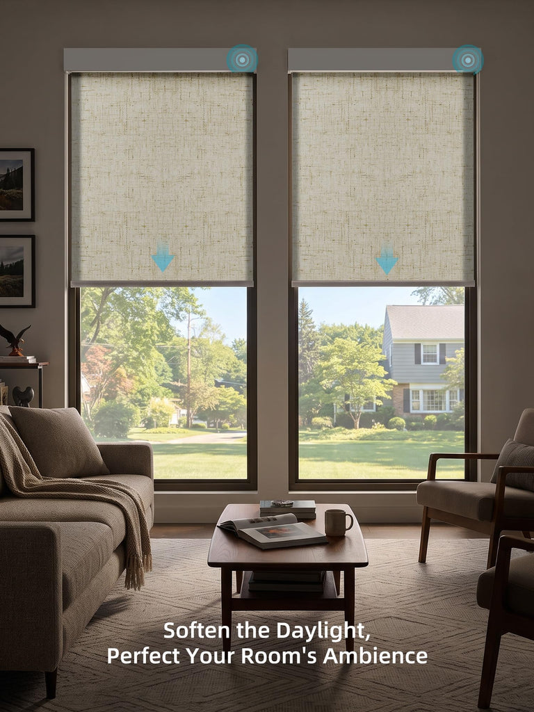 Motorized Smart Roller Shades, 70% Blackout Linen Sand