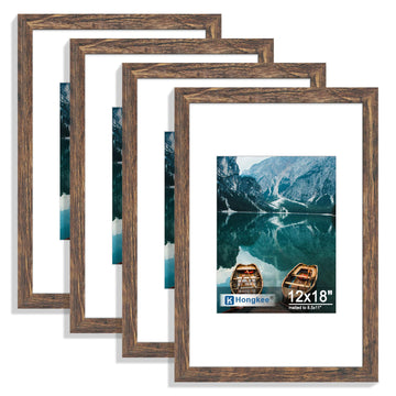 12x18 Picture Frame Set of 4, 12 x 18 Rustic Brown Wood(Mat 8.5x11)