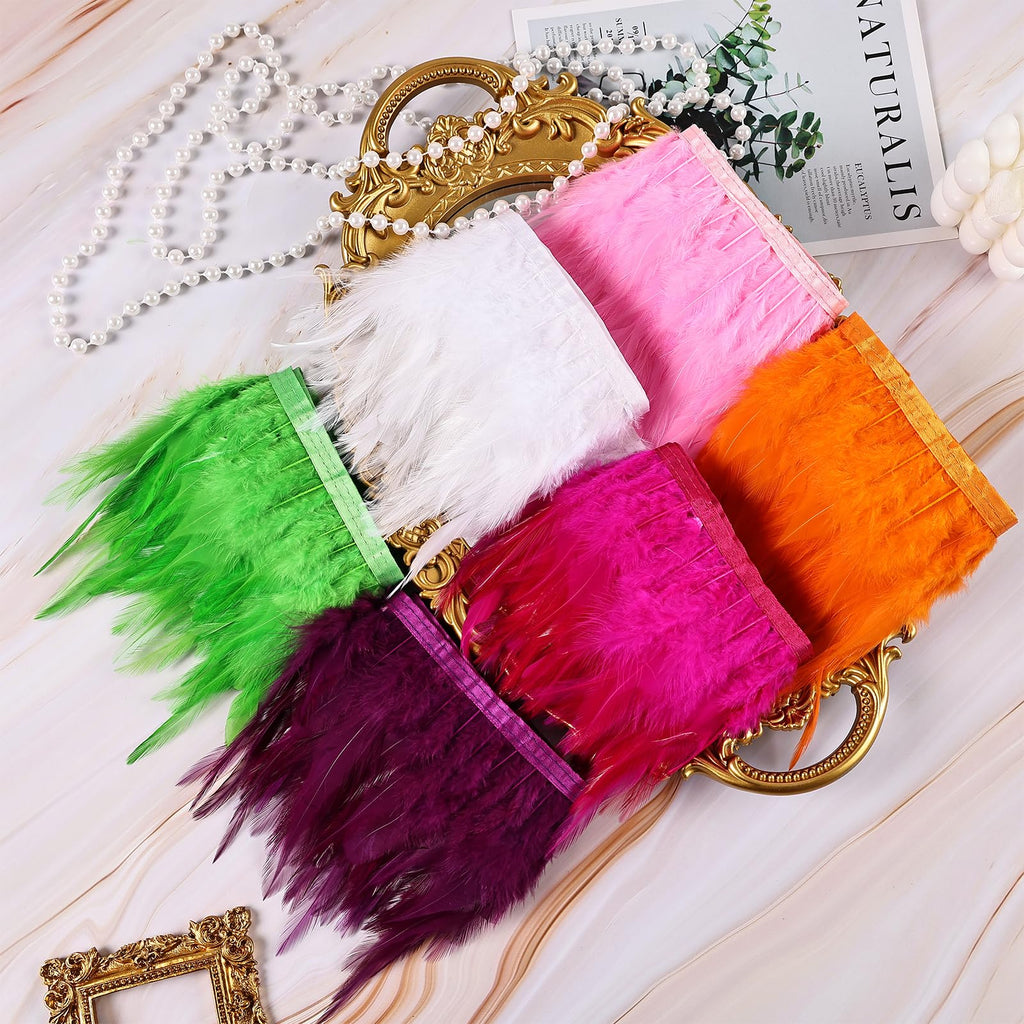 White Rooster Feather Fringe Trim 5.9ft 3-5inch Fluffy Feather Trim Fashion Dress Sewing Crafts,Gloves,Feather Shawl