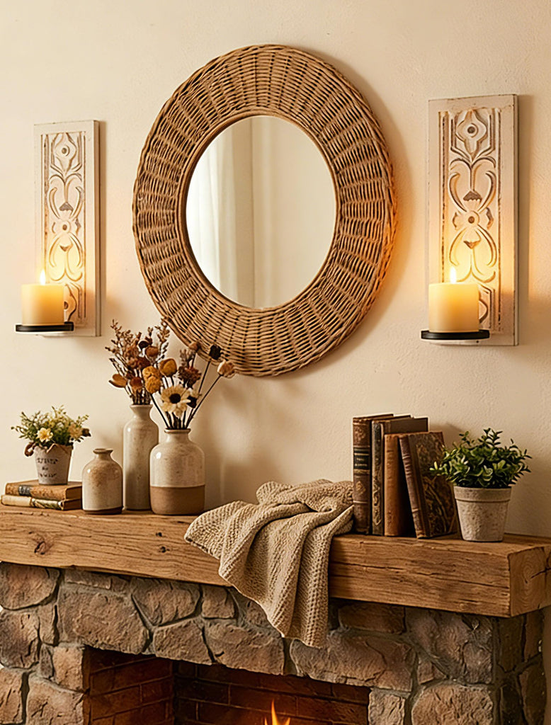 Whitewashed Wood Wall Candle Sconces Set of 2, Floral Design