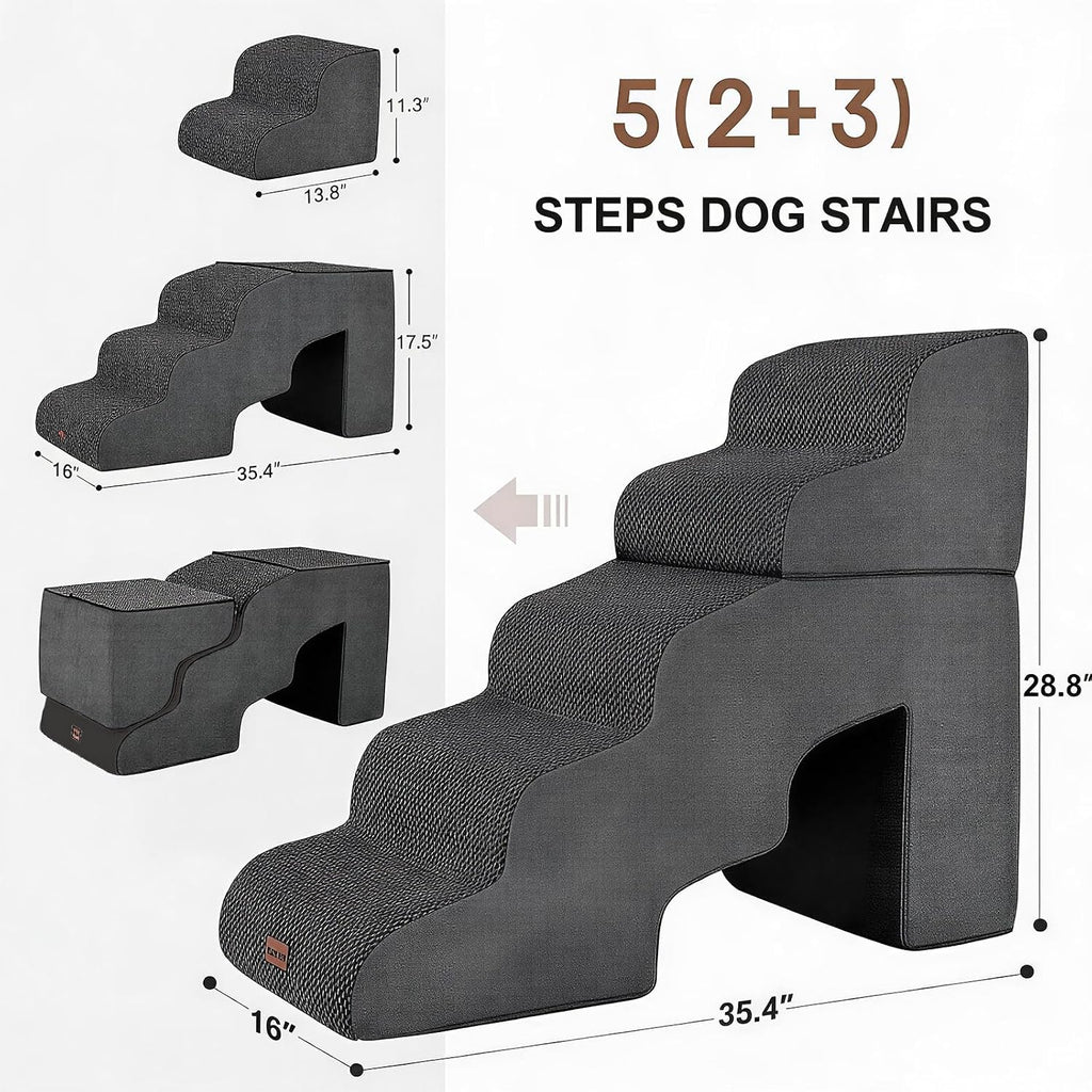 Dog Stairs for Bed with Tunnel, 5-Step Dog Steps for Small Dogs and Cats, Non-Slip Indoor Pet Stair for Couch