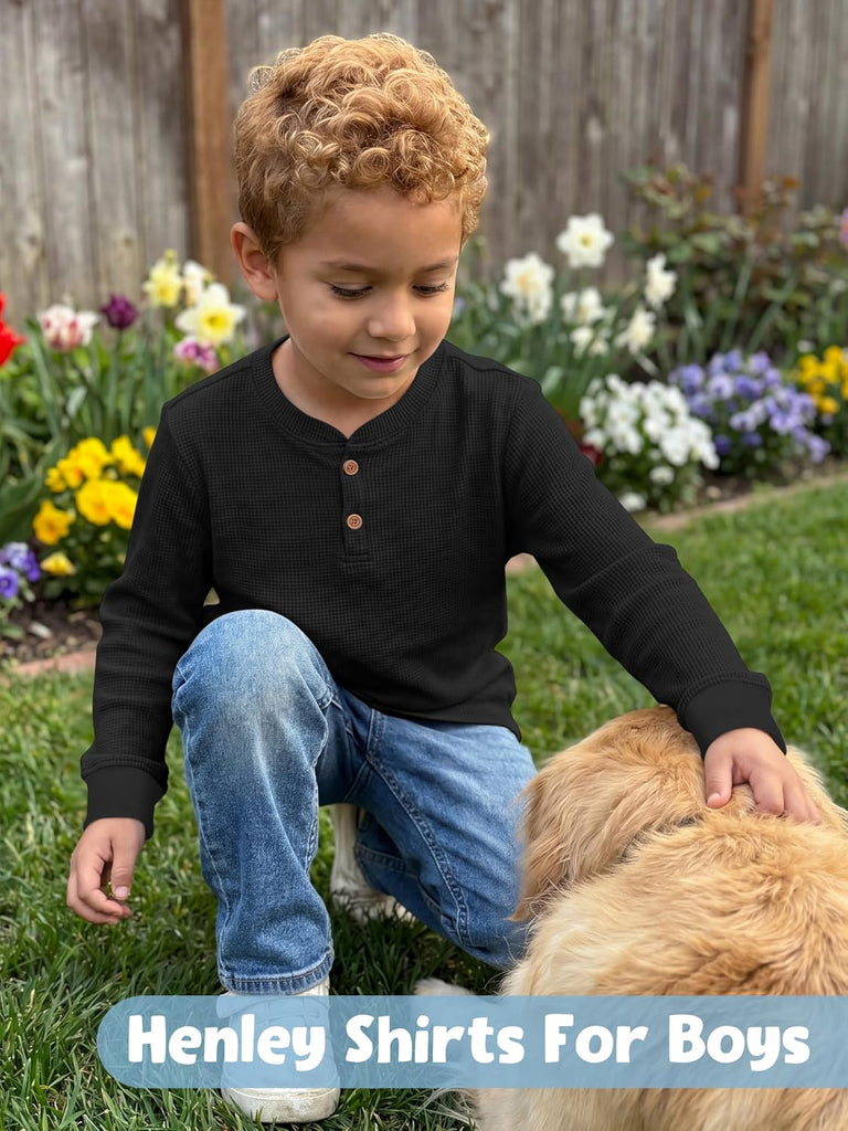 Boys Henley Long Sleeve Soft Boys Long Sleeve Shirts Waffle Thermal Henley T-Shirts Fall Base Layer Tees for Kids