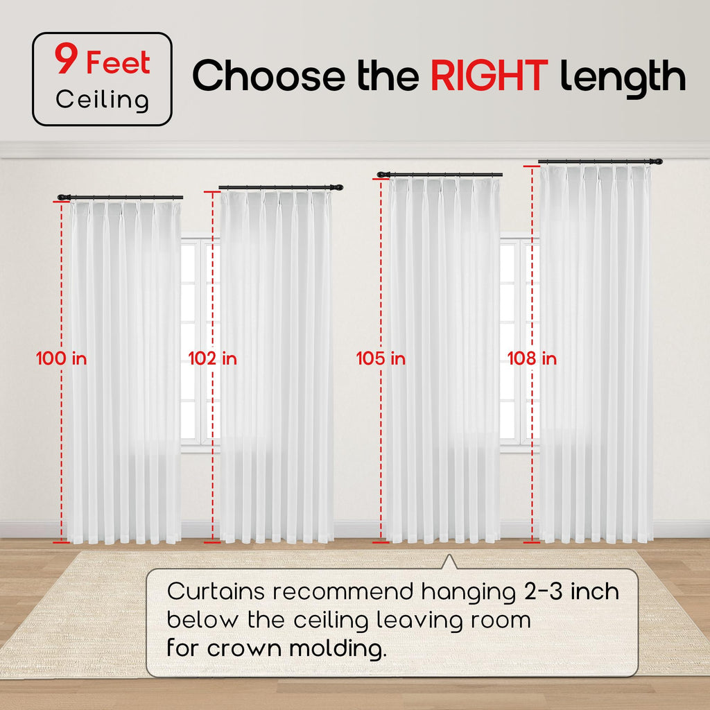 104 Inch Long Linen Curtains, White Semi Sheer Pinch Pleat Drapes, Light Filtering Panel Track System