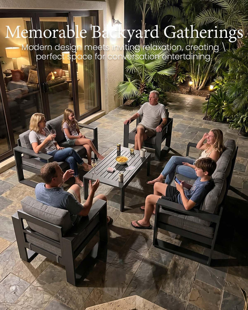 4 Pieces Aluminum Outdoor Patio Furniture Set, Metal Modern Conversation Sofa Set with Fire Pit Table and Washable
