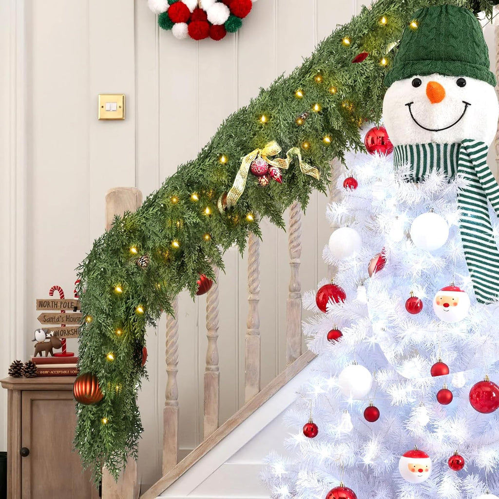 6FT Thick Christmas Cedar Garland with Lights, Layered Faux Greenery Decor