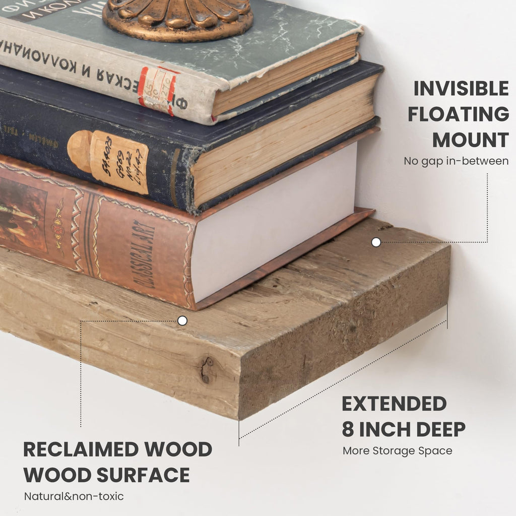 60 Inch Long Wood Floating Shelf, Solid Rustic Reclaimed Barnwood Planks 8 Inch Deep Floating Wall Mounted Shelves