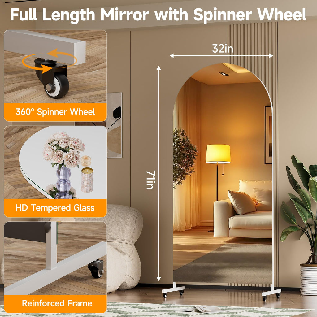71" x 32" Arched Full Length Mirror on Wheels