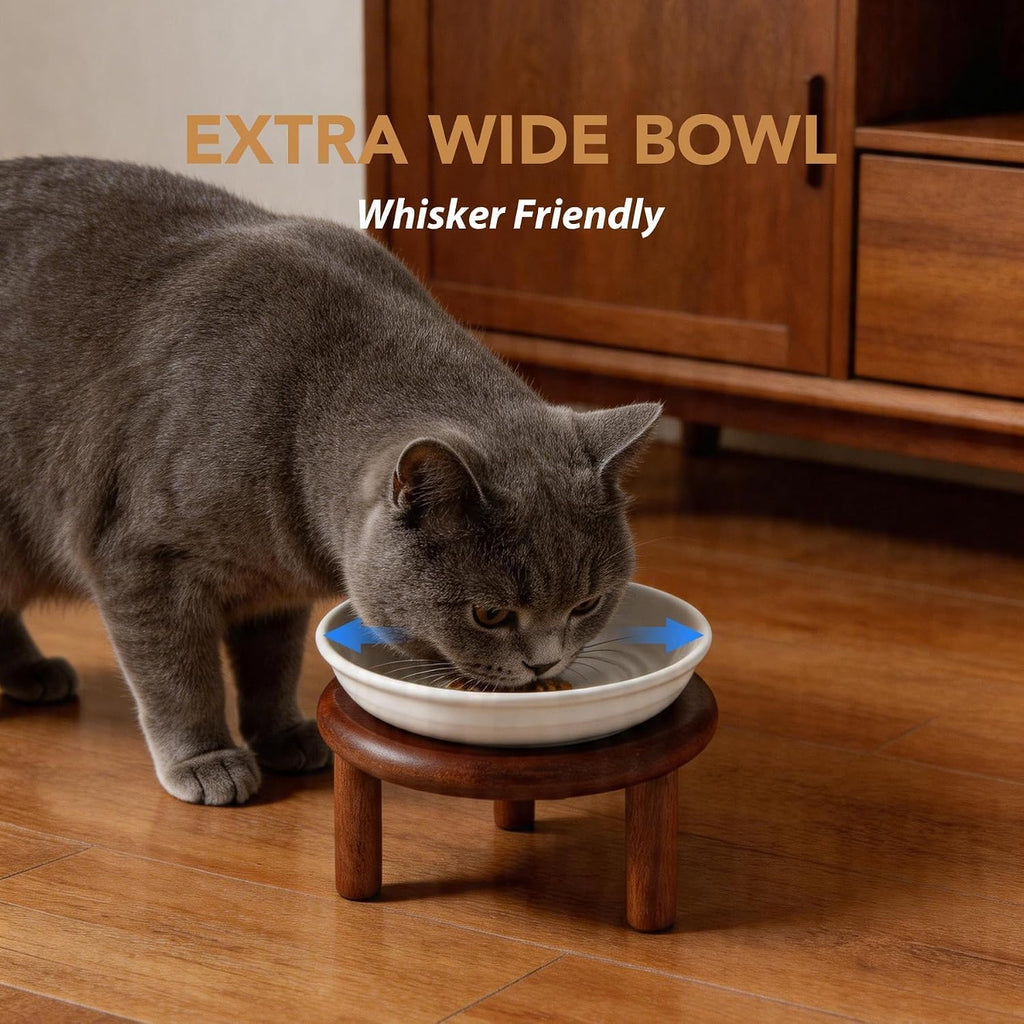Elevated Cat Bowls, Ceramic Cat Bowl with Wood Stand, Wide Opening