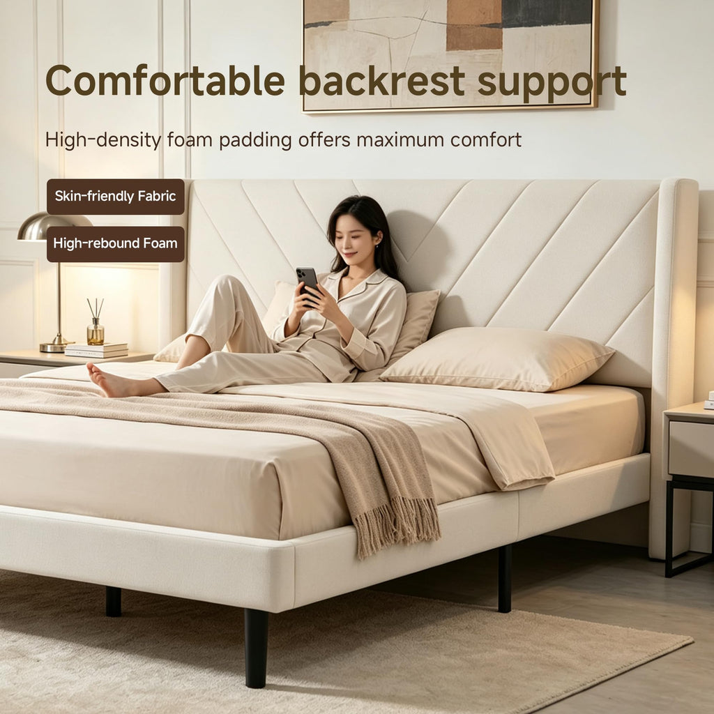 Upholstered Platform Bed Frame, Queen, White, Faux Leather, Button Tufted Headboard with Nailhead Trim, No Box Spring