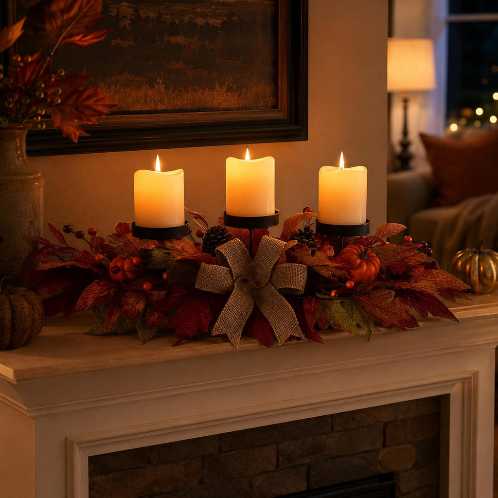 26 Inch Fall Candle Holder Centerpiece with Pumpkins and Burlap Bow | 3 Black Candle Cups with Maple Leaves, Mini
