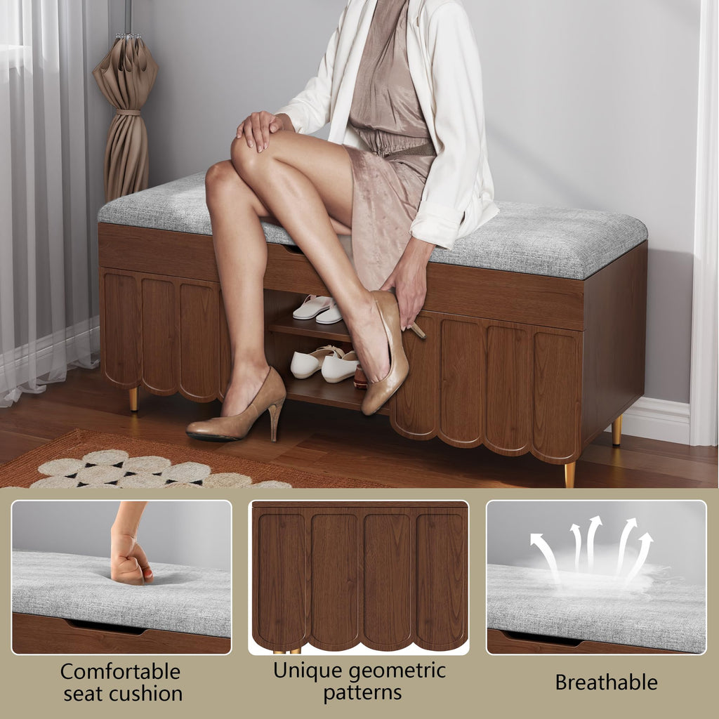 40" Upholstered Flip Top Entryway Shoe Bench, Walnut