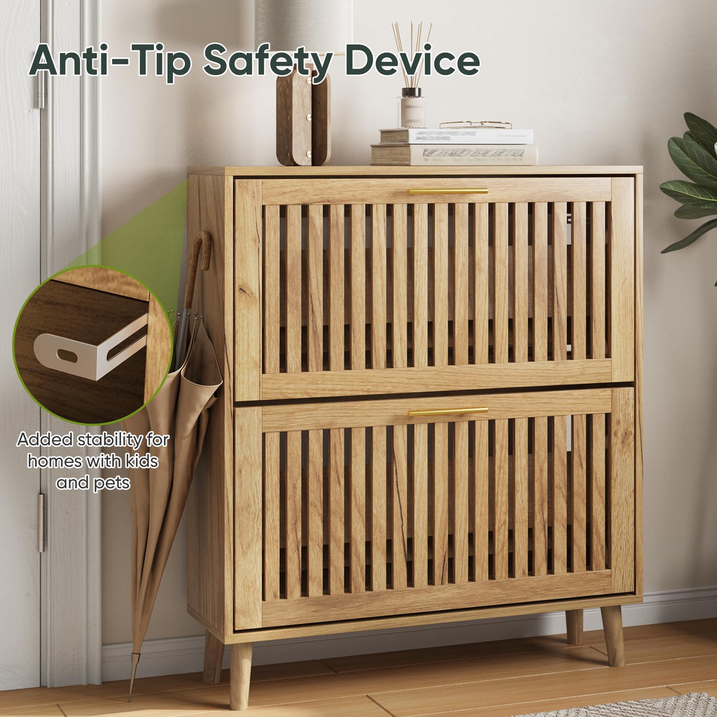 Shoe Storage Cabinet with 2 Flip Slatted Drawers, Narrow Freestanding Shoe Cabinet with Gold Handle, Hidden Entryway