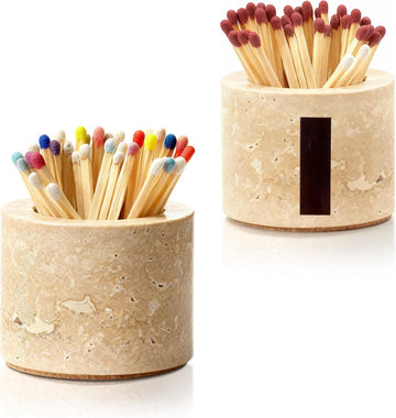 Travertine Match Holder with Striker, 2.6" x 2" Matches in a jar - Set of 2