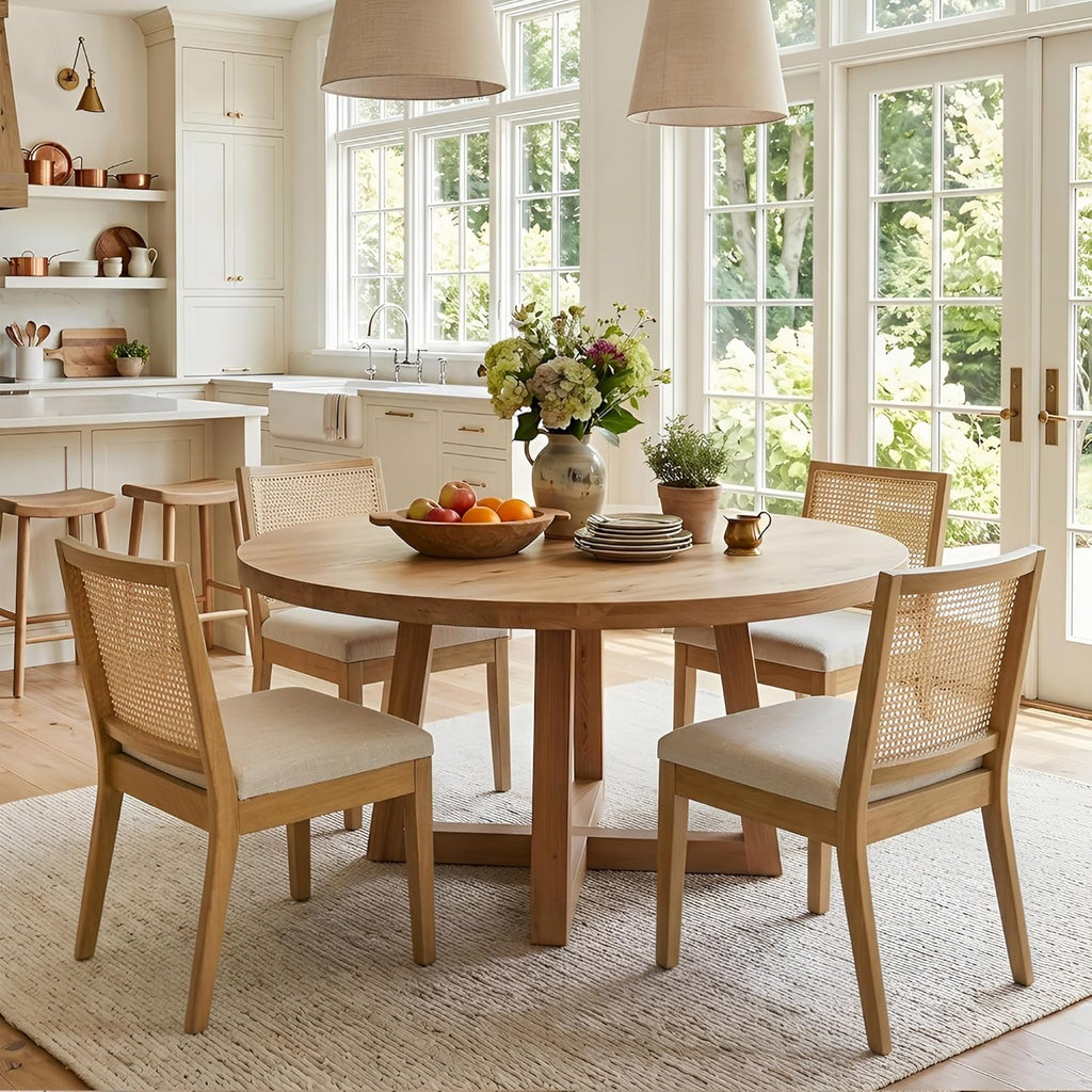 Farmhouse Rattan Dining Chairs Set of 4, Natural Solid Hardwood Frame, Upholstered Linen Seat, Ergonomic Cane Back