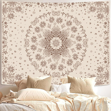 Boho Floral Mandala Tapestry Wall Hanging Bohemian Flower Medallion Tapestry Aesthetic Beige Brown Hippie Indian
