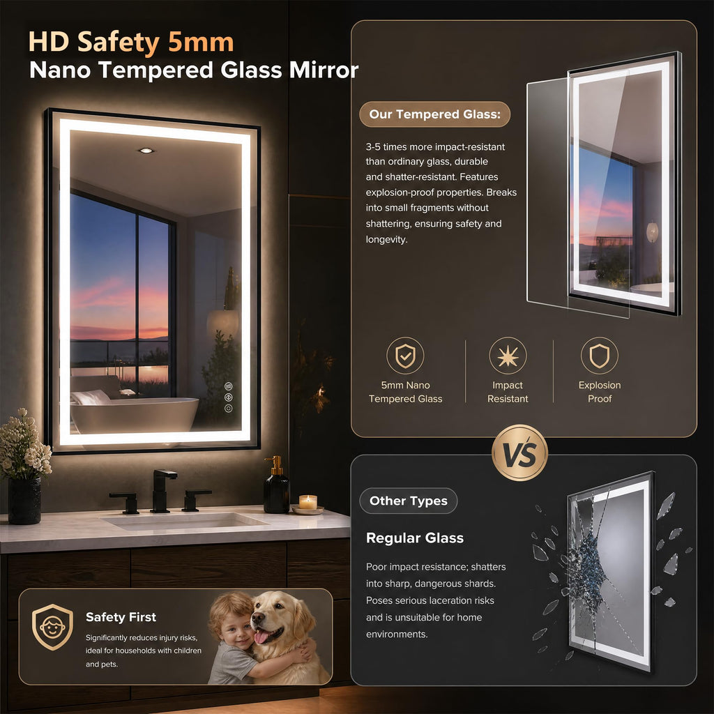 24X36 LED Bathroom Mirror with Lights, Vanity Mirror for Wall with Black Frame, Touch Control, Anti-Fog, Dimmable