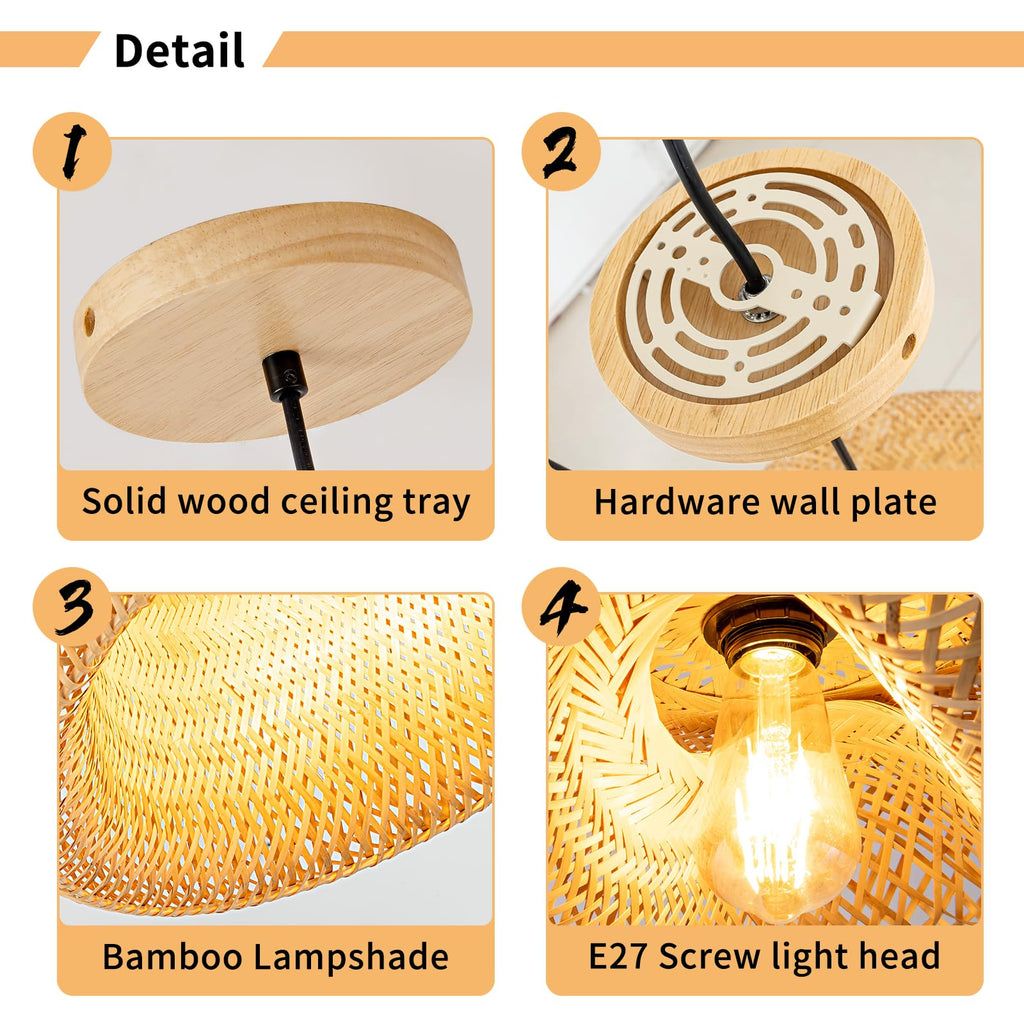 11.8inch Beige Bamboo Pendant Light, Wicker Rattan Boho Chandelier