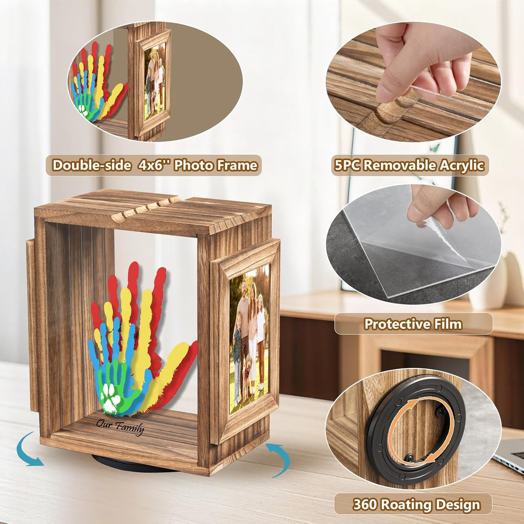 360 Rotating Family Handprint Kit, DIY Craft Keepsake Wooden Frame, Baby Footprint Kit, 5 Paint Colors Included