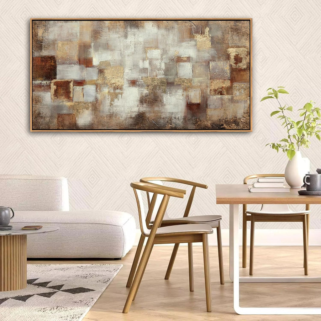 Brown Abstract Wall Art - Gold Canvas Wall Decor - Large Modern Grid minimalist Picture - Oil Painting Print Office