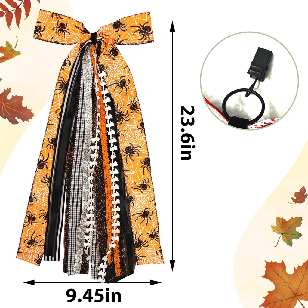 Large Halloween Ribbon Bow for Wreath, Orange Spider Web Fabric Ribbons Set Assorted Ribbons Black White Stripe Plaid
