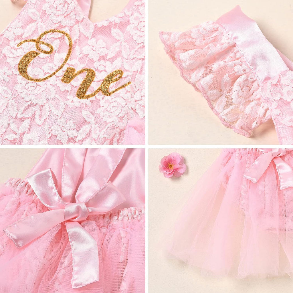 Baby Girl 1st Birthday Outfit Lace Tulle Romper Princess Tutu Dress Headband Shiny ONE Cake Smash Photo Shoot Clothes